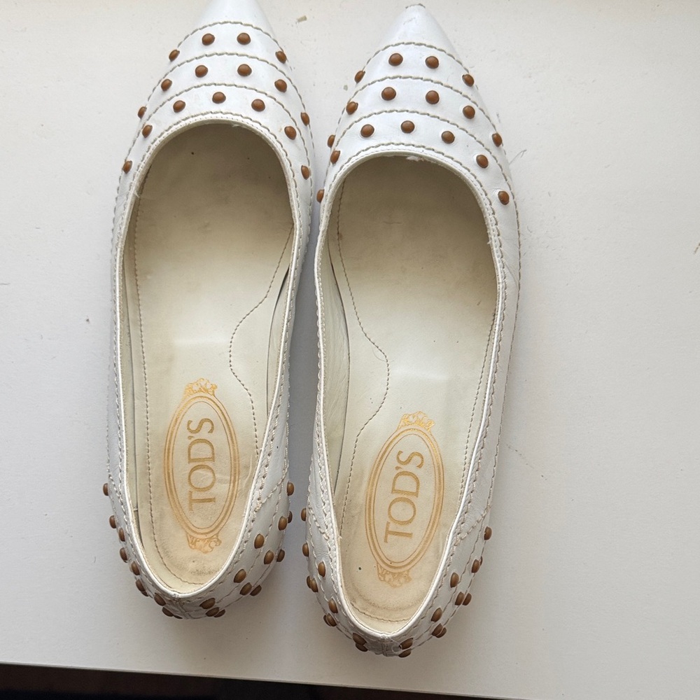 Tod's White and Brown Studded Flats